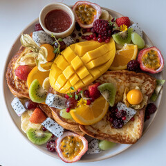 Fresh healthy breakfast, Top view, Pancakes, Fruits.