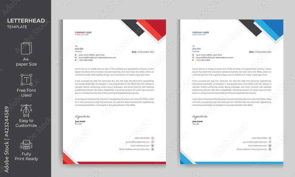 Wall mural creative letterhead design template with 2 color variations a4 size print ready fully editable