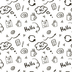 Busy morning concept. Black and white Vector doodle seamless pattern. Office business concept. Hand drawn monochrome illustration for notebook cover, wallpaper, fabric. EPS10