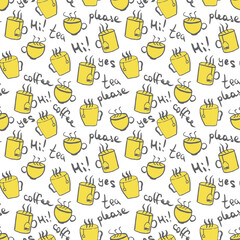 Tea and coffee cup hand drawn pattern in colors of 2021 year. Morning hot drink doodle vector seamless pattern. Outline illustration for wrapping paper, notebook covering, greeting card for every day