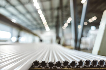 Warehouse of polypropylene pipes. Workshop with extruders for producing plastic pipes. High speed...