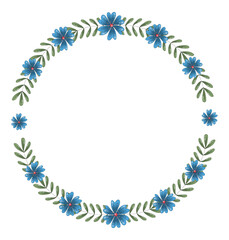 Fototapeta na wymiar Vector round frame of many green branches with leaves and dark blue flowers. The wreath inside has a place for text.