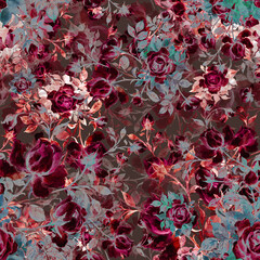 Watercolor seamless pattern bouquet of roses in bud 