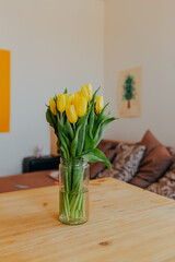 Bright fresh yellow tulips on white background. Bunch of yellow tulips in big glass jar. Spring flowers in glass vase.