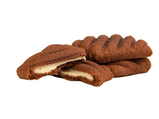Chocolate cookie with cream filling isolated on the white background