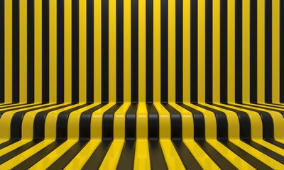 Realistic abstract geometric background with black and yellow vertical convergence stripes. 3d rendering