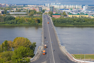 NIZHNIY NOVGOROD, RUSSIA - AUGUST 28, 2020: Over the Kanavinskiy bridge on a sunny August day