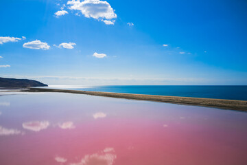 A picturesque landscape with a pink lake on the beach. Shooting from a drone.