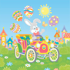 Fototapeta premium Little Easter Bunny friendly smiling, waving in greeting and driving a colorful toy retro car decorated with bright holiday balloons on a sunny spring day, vector cartoon illustration