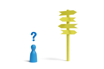 Blue pawn with question mark in front of some arrow signs isolated on a white background.