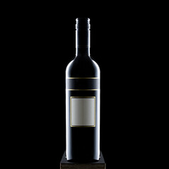 Black wine glass bottle on a black background copy space selective focus, blank mock up label