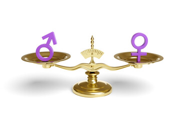 Male and female signs on a balance scale isolated on white background.