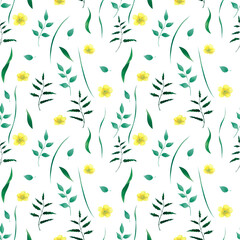 Watercolor hand-painted floral seamless pattern. Wild flowers and field herbs