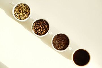 Four stages: raw green, roasted, ground and brewed coffee. White background. Specialty third wave...