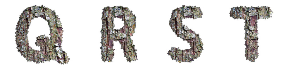 The letters Q, R, S, T are made from the bark of a tree