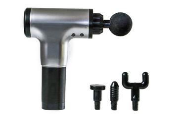 Massage gun. Handheld cordless professional percussion on a white background. Sport physical therapy concept.