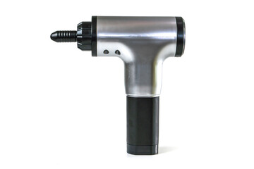 Massage gun. Handheld cordless professional percussion on a white background. Sport physical...