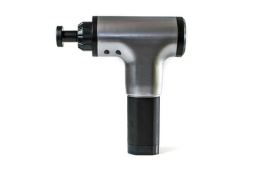 Massage gun. Handheld cordless professional percussion on a white background. Sport physical therapy concept.