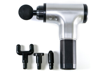 Massage gun. Handheld cordless professional percussion on a white background. Sport physical therapy concept.