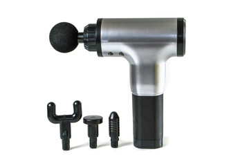 Massage gun. Handheld cordless professional percussion on a white background. Sport physical therapy concept.