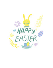 Vector lettering. Happy easter. Greeting card design. Blue text, yellow bunny rabbit, easter eggs and details. EPS 10.