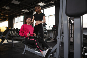 Fototapeta na wymiar Personal trainer and her client using seated cable row gym machine, copy space