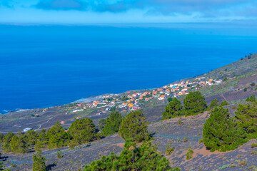 Coastline of La Palma viewed from San Antonio crater, Canary islands, Spain