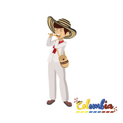 Traditional colombian man playing flute. Colombian culture - Vector illustration