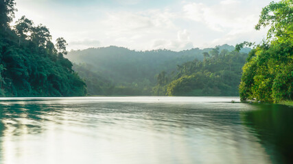 Green texture background, green tone complete natural mountain water area Thailand.