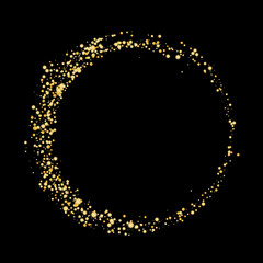 Gold glitter confetti on black background, frame. Zen. Scattered with shiny particles, sand. Decorative element. Luxury background for your design, greeting cards, invitations, vector