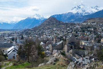 Obraz premium Panorama view from chateau de valere over the city of sion, switzerland