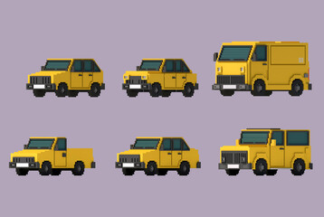 voxel art illustration of isometric vehicles, being car, jeep, van, pickup. They are simple models reminiscent of a lot of pixel art