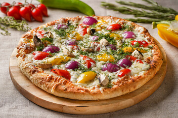 Vegetable Pizza on a wooden board with a beautiful vegetable background. Vegetarian.