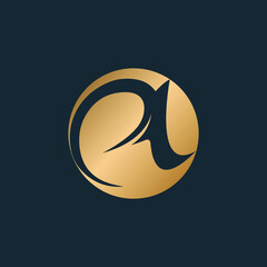 Letter a logo.Decorative creative typographic icon isolated on dark fund.Lettering sign for beauty, elegant, luxury brand.Alphabet initial.Circle emblem.Shiny gold color.Character shape.