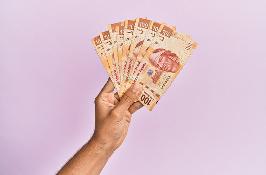 Hispanic hand holding 100 mexican pesos  banknotes over isolated pink background.