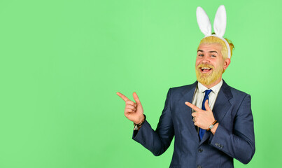 Greetings concept. Having fun. Funny boss. Easter activities for office. Bearded man bunny ears on head. Businessman wear bunny costume accessory. Bunny Easter symbol. Spring holidays celebration
