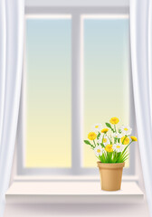 Open window in interior, view on landscape, spring, flower pot with flowers daisy and dandelions on windowsill, curtains. Vector illustration template realistic