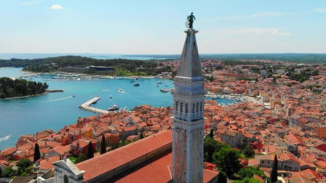 Church Tower on an Island, Drone Aerial View, Adriatic Paradise View, Rovinj, Croatia, Hrvatska

