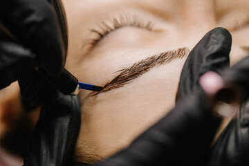 eyebrow microblading. A master in black gloves holds a blending needle over the brow of the model. Macro photography