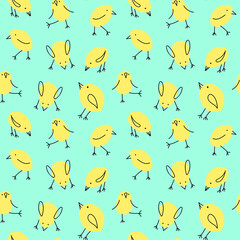 Vector seamless pattern with chicks on a blue background