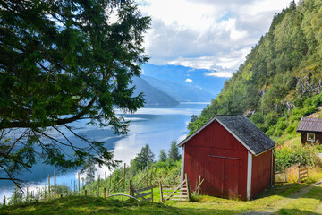 Hardangerfjord bei Ulvik in Norwegen mit Fischerhütte, Panoramablick mit Haus