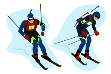 Obraz premium ..Set Biathlete in gear goes skiing and helping himself with sticks, ..Winter sports, vector character in flat style.