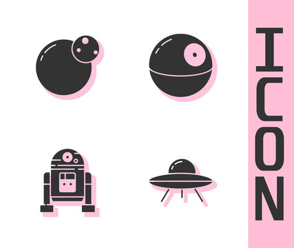Set UFO flying spaceship, Planet, Robot and Death star icon. Vector