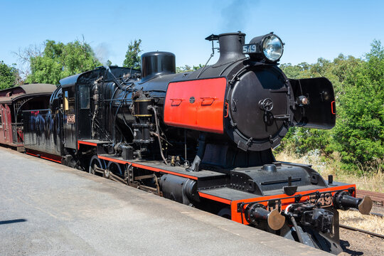 Maldon, Victoria, Australia - March 1, 2017. Historic steam train running on Maldon &ndash; Castlemaine route in the goldfields of Victoria, Australia