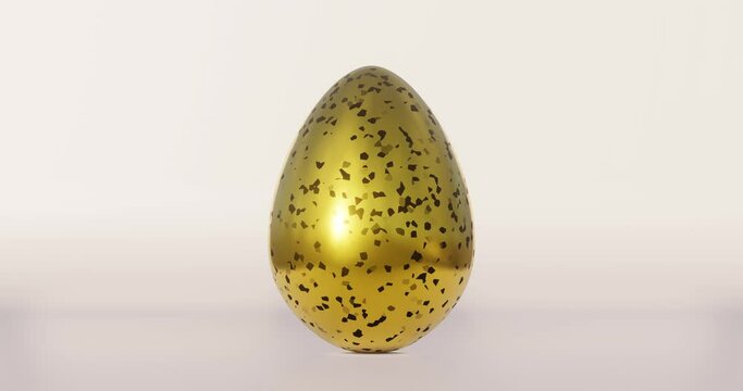 Golden Easter egg with black terrazzo pattern rotates on beige background, spring April holidays card, 3d animation