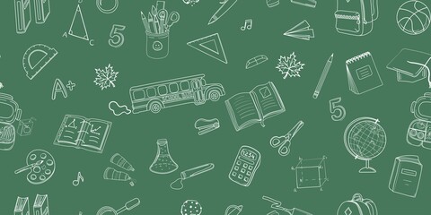 Back to school seamless pattern with hand drawn white school supplies and objects on a green background. You can easily change in any size and shape without seams. Vector illustration © Olga