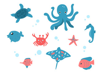 Vector set of sea creatures on white background. Isolated objects for decoration, prints, packages. etc