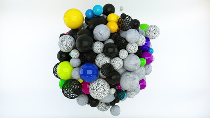 Large round 3D render formation of numerous layering heaps bubbles. Bright budding balls with graphic retina outlining and smooth. Creative decoration design presentation.