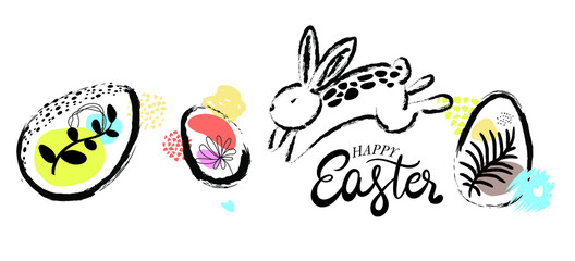 A vector illustration of a hopping rabbit and spring elements in minimal style for a Happy Easter in line art and flat black colors on an isolated white background