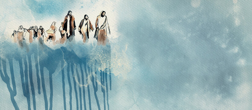 Jesus and the disciples. Christian watercolor background